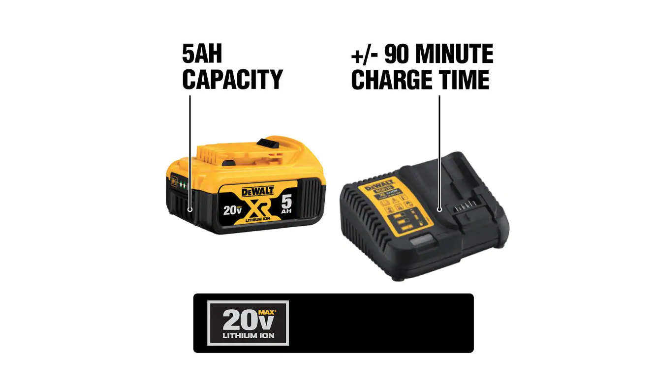 DEWALT DCB205CK 20-Volt MAX XR Premium Lithium-Ion 5.0Ah Battery Pack， Charger and Kit Bag