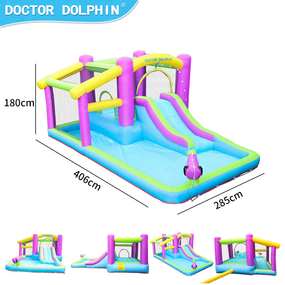 Inflatable Bounce House 5 in 1 Water Slide Jumping Park With Splashing Pool Water Cannon Including Carry Bag Stakes Repair Kit Hose (with 450W Air Blower)