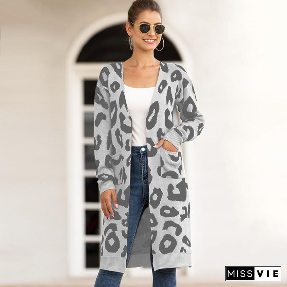 Veste Femme Loose Sweater Coats Autumn Winter Sweater Overcoat Leopard Cardigan Casual Knitwear Jacket Women Knit Long Coat