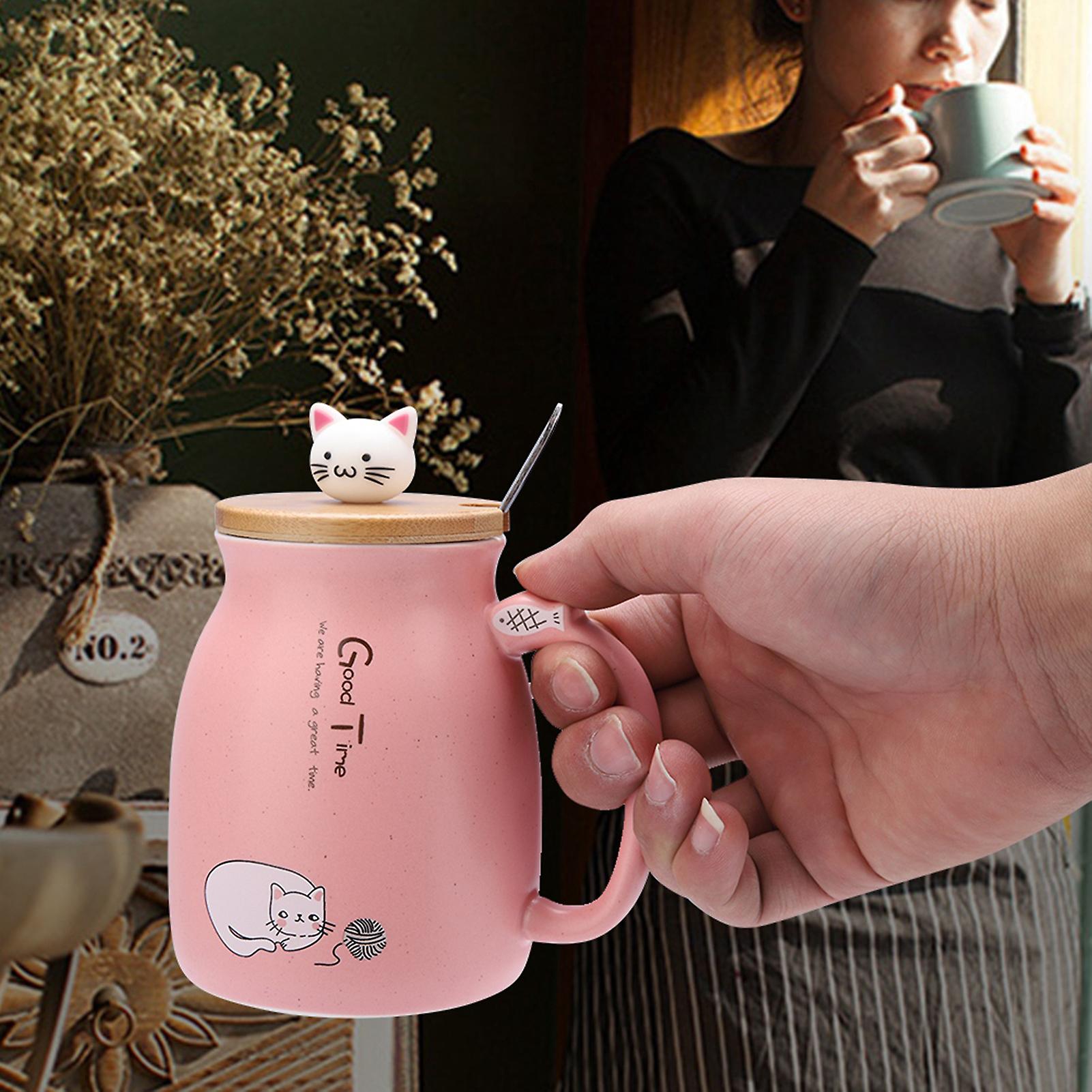 1Pc Lovely Cat Ceramic Cup with Spoon and Lid Coffee Water Milk Mug for Drinkware Gift(Pink)