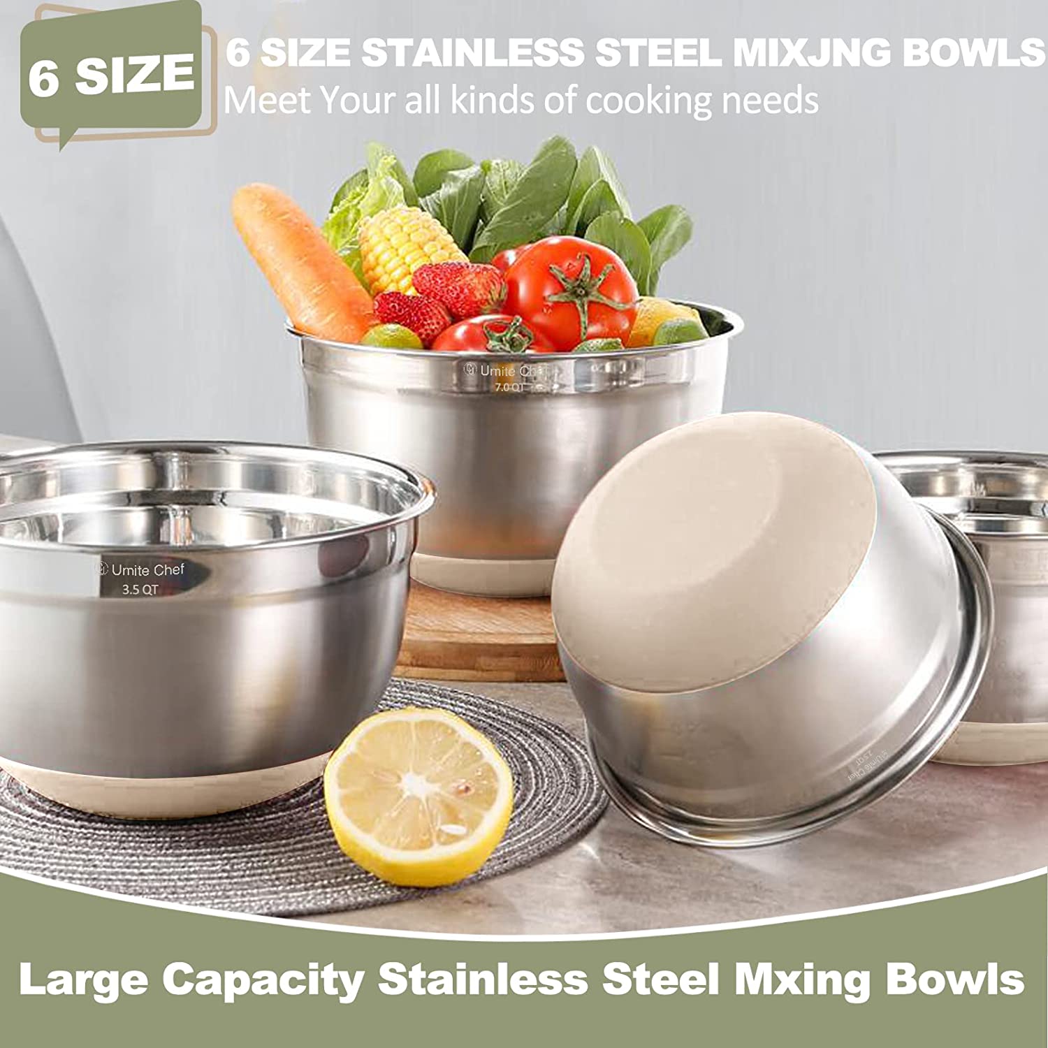 Chef Mixing Bowls with Airtight Lids 6 Piece Stainless Steel Metal Bowls, Measurement Marks & Colorful Non