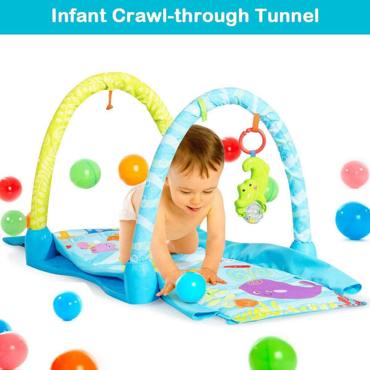 BABY JOY 4-in-1 Baby Play Gym Mat, Underwater World Baby Explore Crawling Tunnel with Steady Frame and 3 Hanging Toys