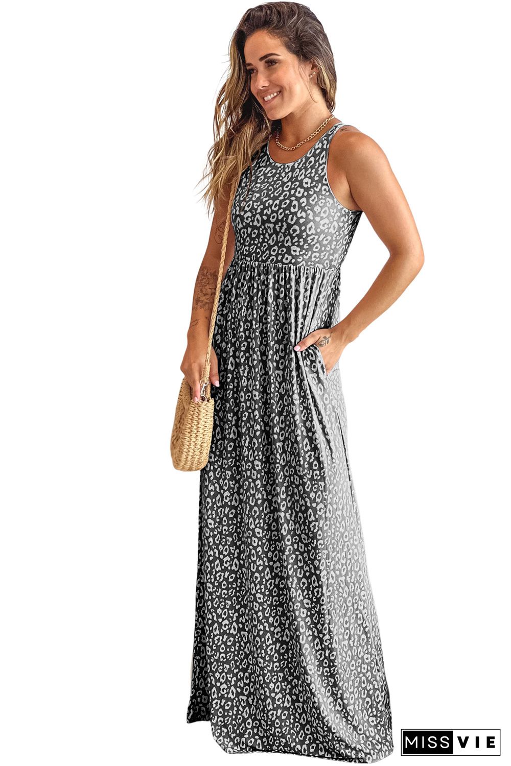 Gray Leopard Print Pocketed Sleeveless Maxi Dress