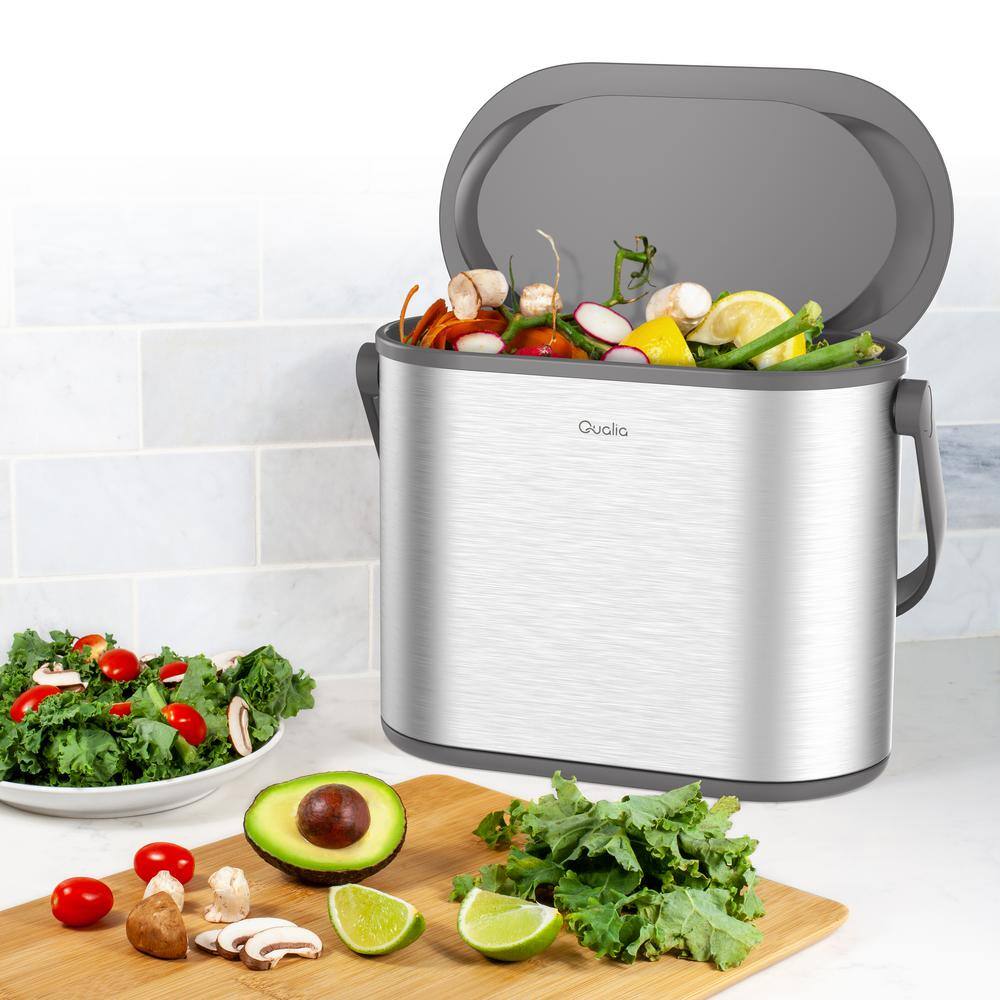 Qualia 1 Gal. Stainless Steel Slim Multi-Purpose Countertop Compost Trash Can with Gray Lid TC10005