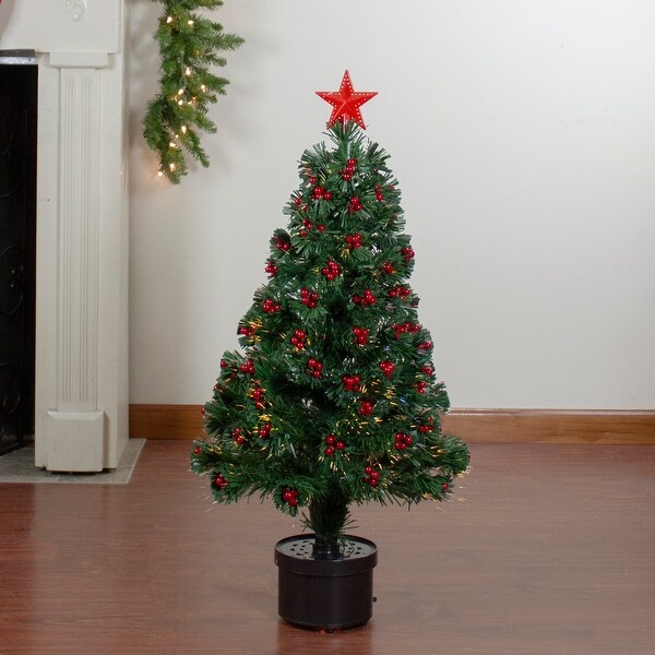 3' PreLit Color Changing Fiber Optic Christmas Tree with Red Berries