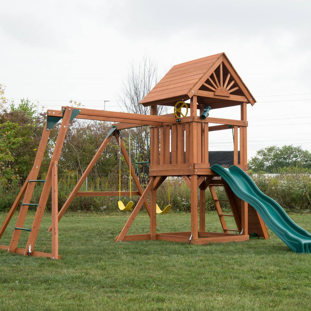 Swing-N-Slide Playsets Professionally Installed Sky Tower Plus Complete Wooden Outdoor Playset with Monkey Bars and Swing Set Accessories 6037