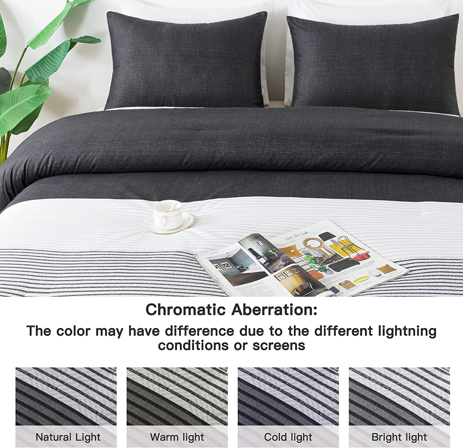 Black and White Grey Full Size Striped Comforter Set - 3 Pieces Boys Bedding Set, All Season Down Alternative Comforter with Corne