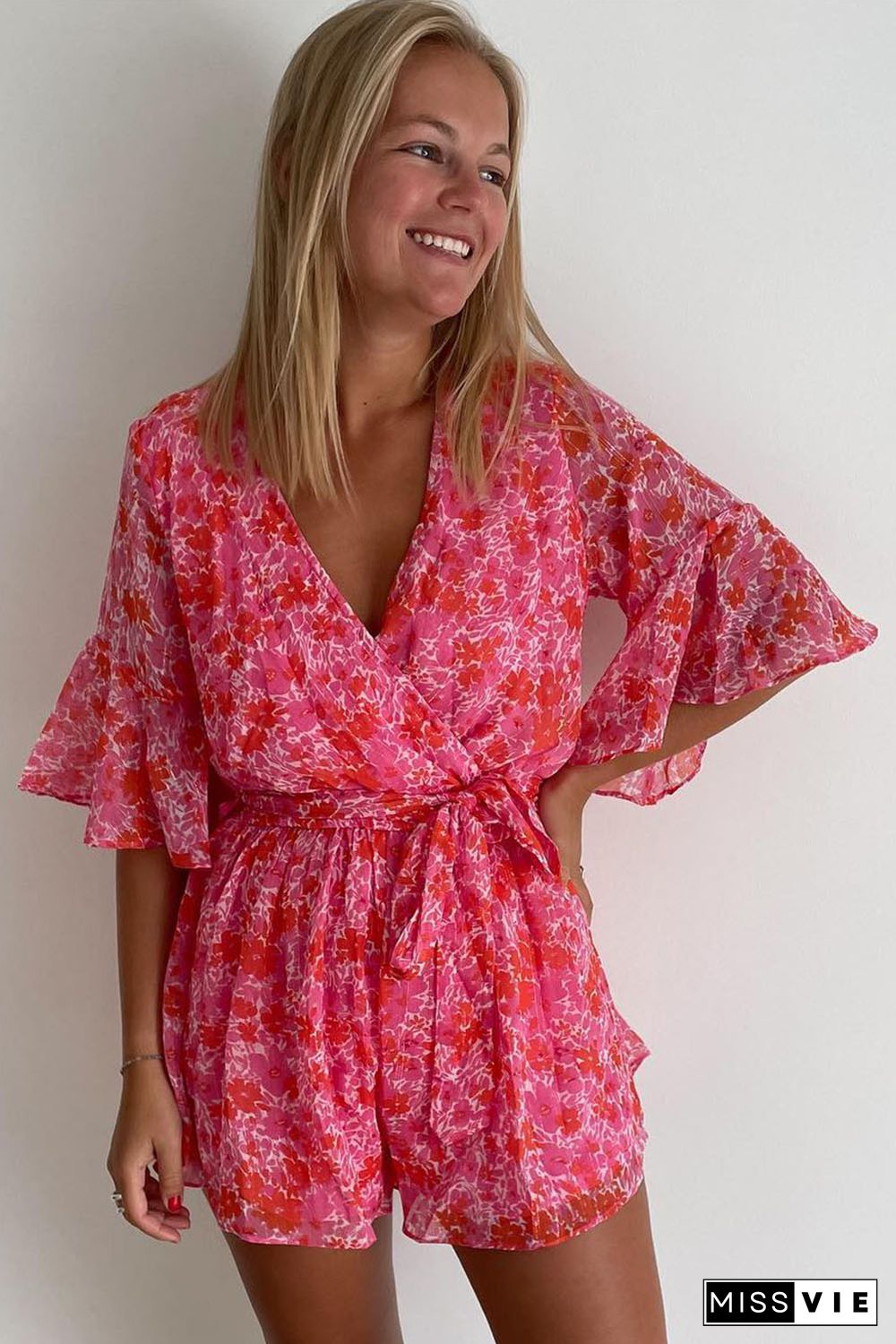 Pink V Neck Ruffled Sleeve Floral Romper