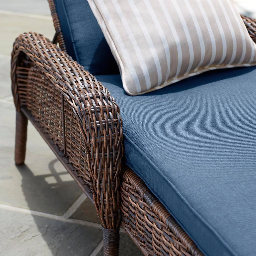 Hampton Bay Cambridge Brown Wicker Outdoor Patio Chaise Lounge with CushionGuard Midnight Navy Blue Cushions