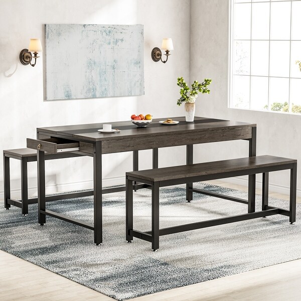 3 Piece Industrial Dining Table Set with Bench and Sided Drawer for Kitchen