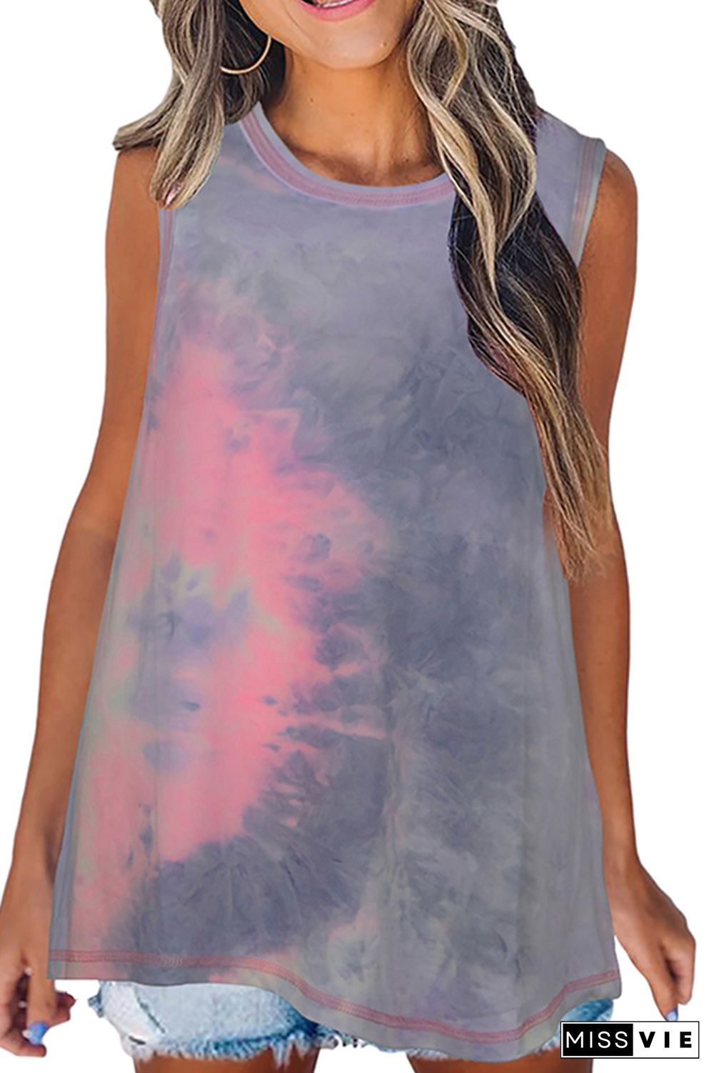 Pink Tie-Dye Round Collar Tank Top