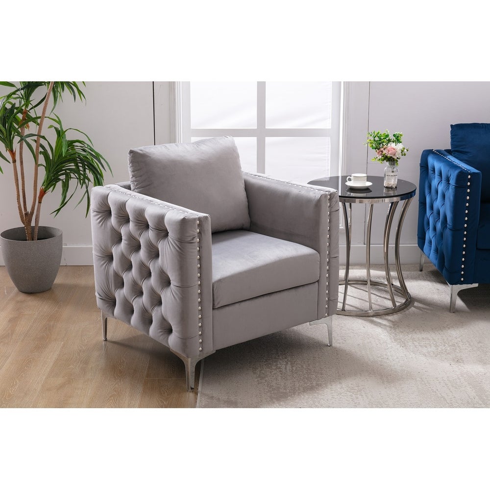 Modern Velvet Armchair Tufted Button Accent Chair Club Chair with Steel Legs for Living Room Bedroom