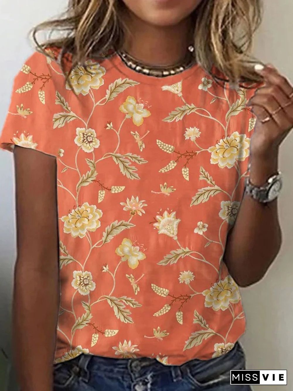 Floral Round Neck Casual Short Sleeve Loosen T-Shirt