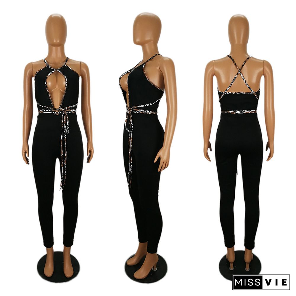 Sexy Backless Patchwork Lace-up Skinny Jumpsuits