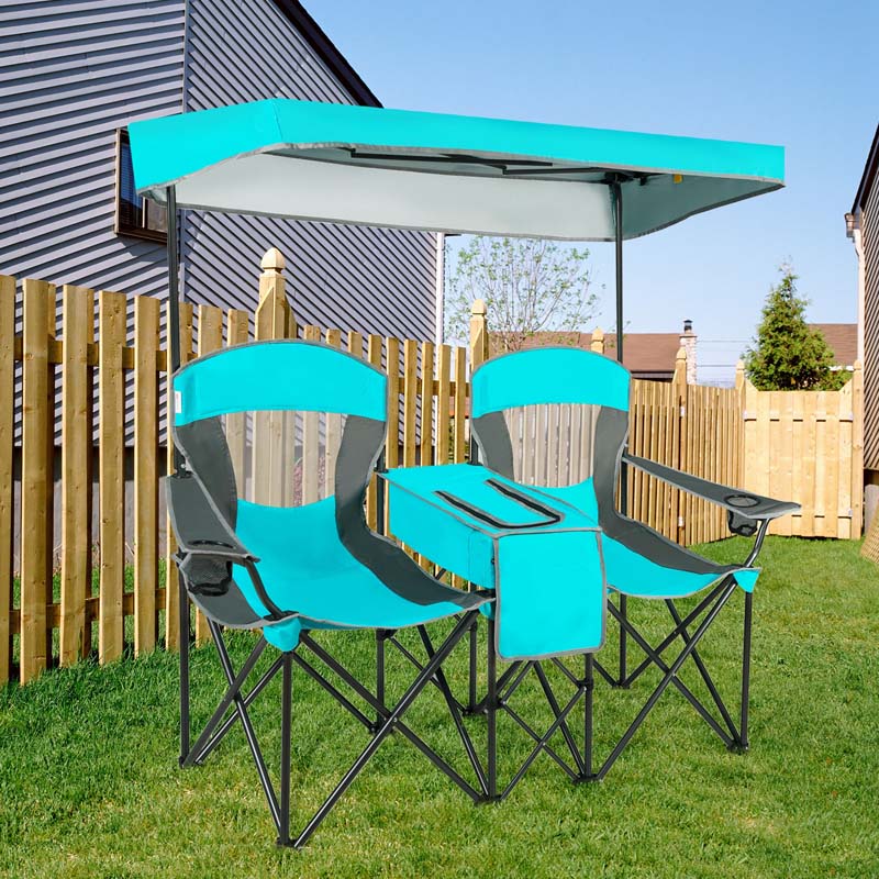 Double Sunshade Camping Canopy Chair with Mini Table, Cup Holder, Portable Folding Beach Chair with Canopy