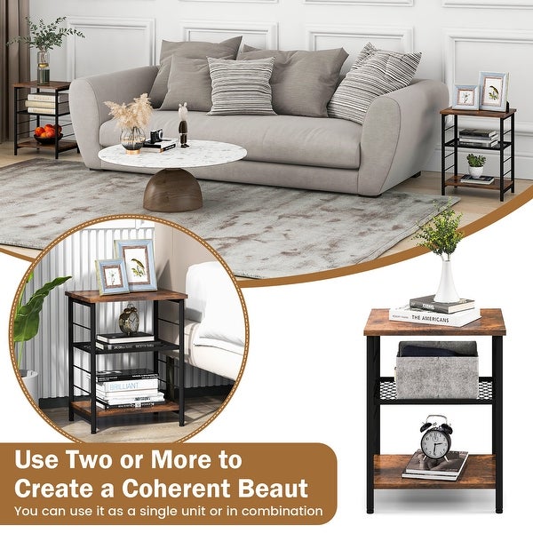 Costway 2 PCS 3-Tier Side End Table with Adjustable Mesh Shelf Narrow - 15'' x 12'' x 20'' (Lx Wx H)