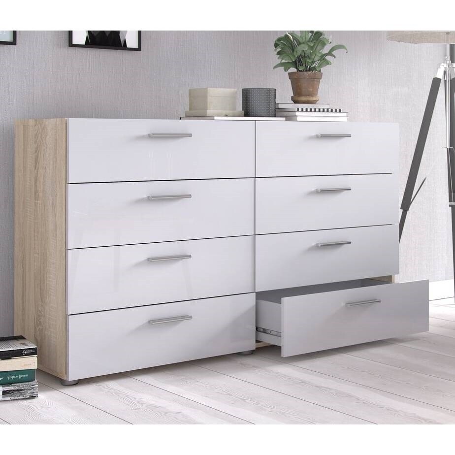 White Modern Bedroom 8 Drawer Double Dresser with Oak Finish Sides and Top