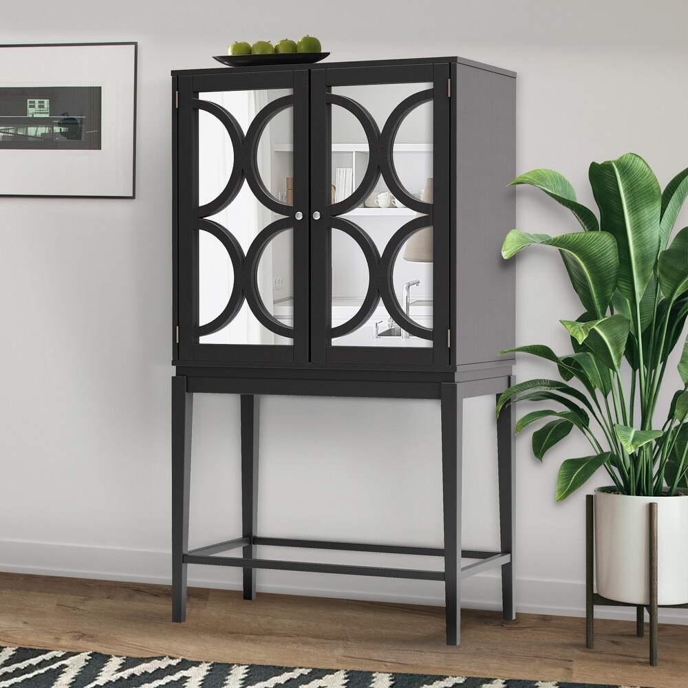 Stylish Wine Cabinet with Double Mirror Door and Glass Holder