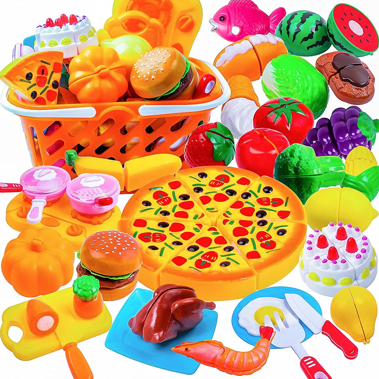 DigHeath Pretend Play Food Set，Kitchen Cutting Toys，BPA Free Plastic Fruits and Vegetables for Kids with Realistic Basket，Knife and Chopping Board，Best Children Educational Play Set