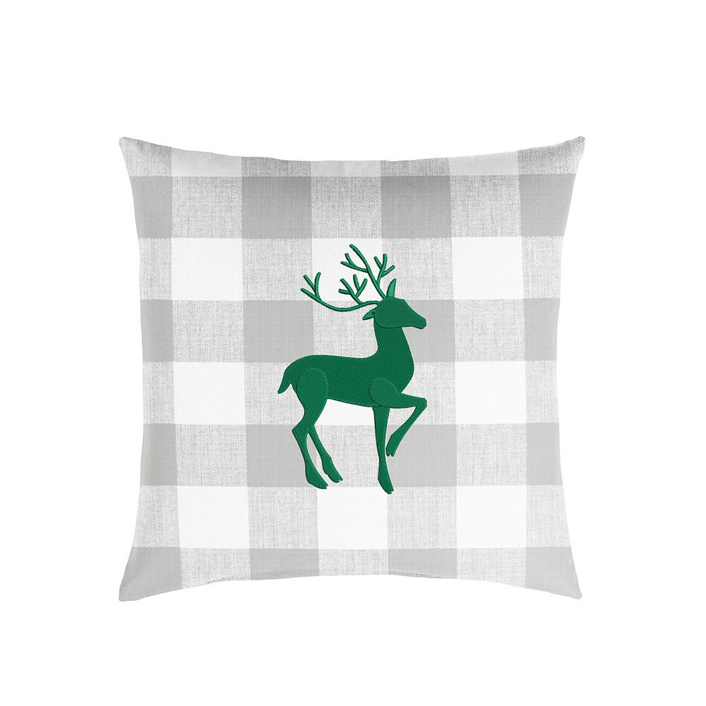 18 Gray Plaid and Green Single Embroidered Decorative Deer Square Lumbar Pillow