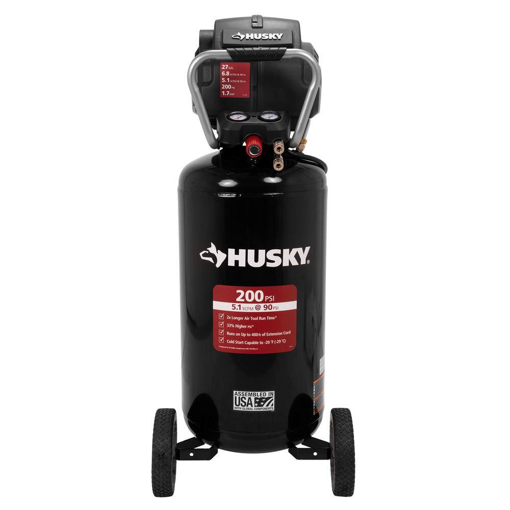 Husky 27 Gal. 200 psi Oil Free Portable Vertical Electric Air Compressor C271H.COM