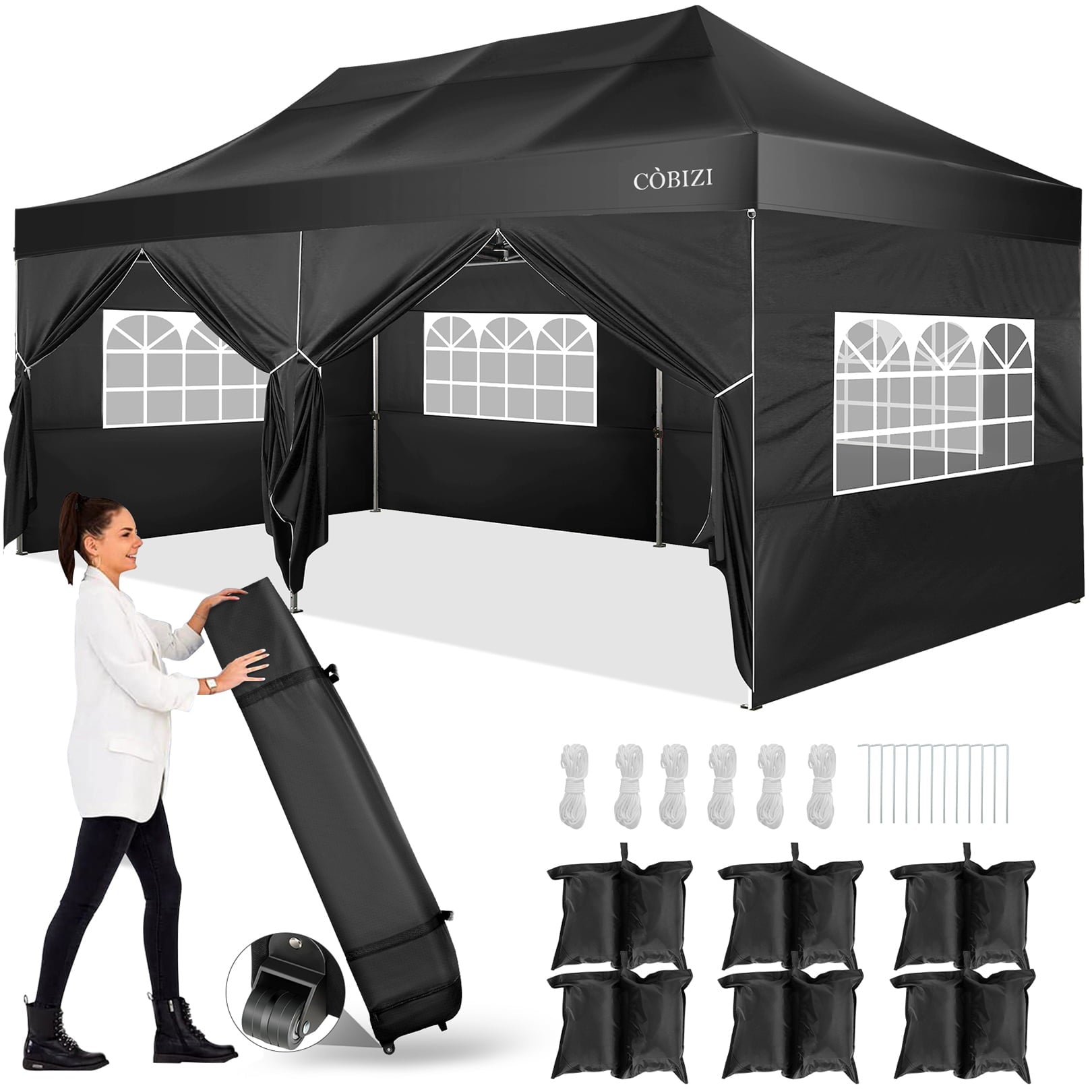 10'x20' Canopy EZ Pop Up Canopy Anti-UV Waterproof Outdoor Tent Portable Party Commercial Instant Canopy Shelter Height Adjustable Tent Gazebo with 6 Removable Sidewalls, 6 Sandbags, Roller Bag, Black