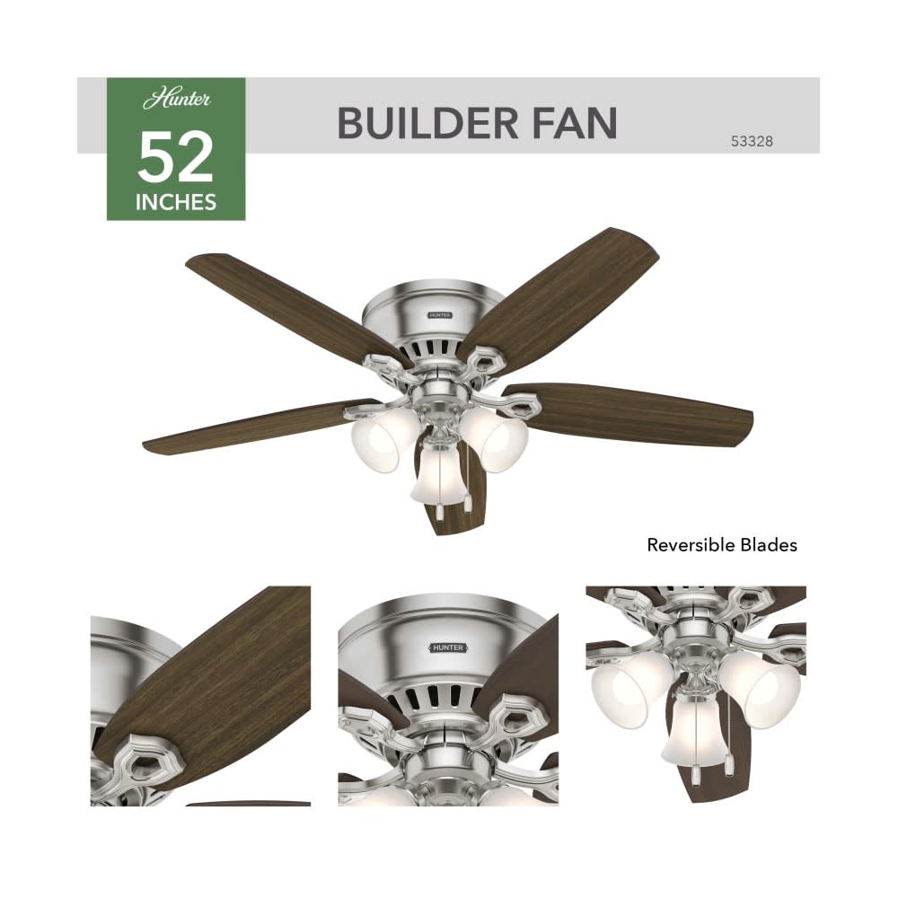 Hunter Builder Ceiling Fan 52 Brushed Nickel Brazilian Cherry ;