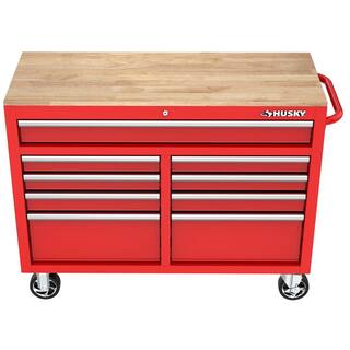 Husky 46 in. W x 18 in. D 9-Drawer Gloss Red Mobile Workbench Cabinet with Solid Wood Top H46X18MWC9RED