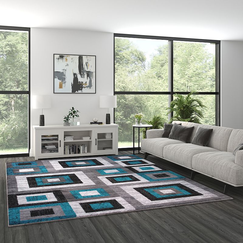 Masada Rugs Newton Collection Modern 8'x10' Accent Rug with Geometric Square Pattern in Turquoise， Gray and White