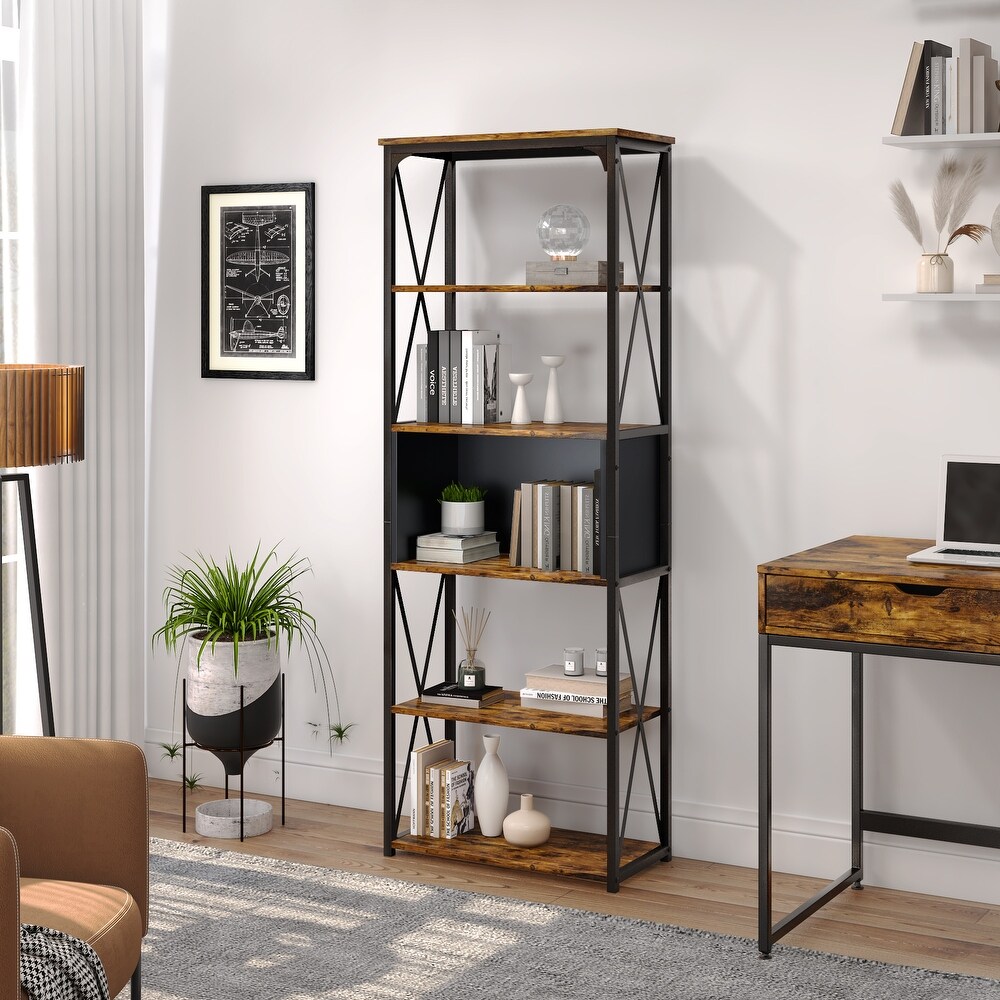 Industrial 5 Tier Bookcase Storage Organizer Free Standing Bookshelf   63 x 23 inches