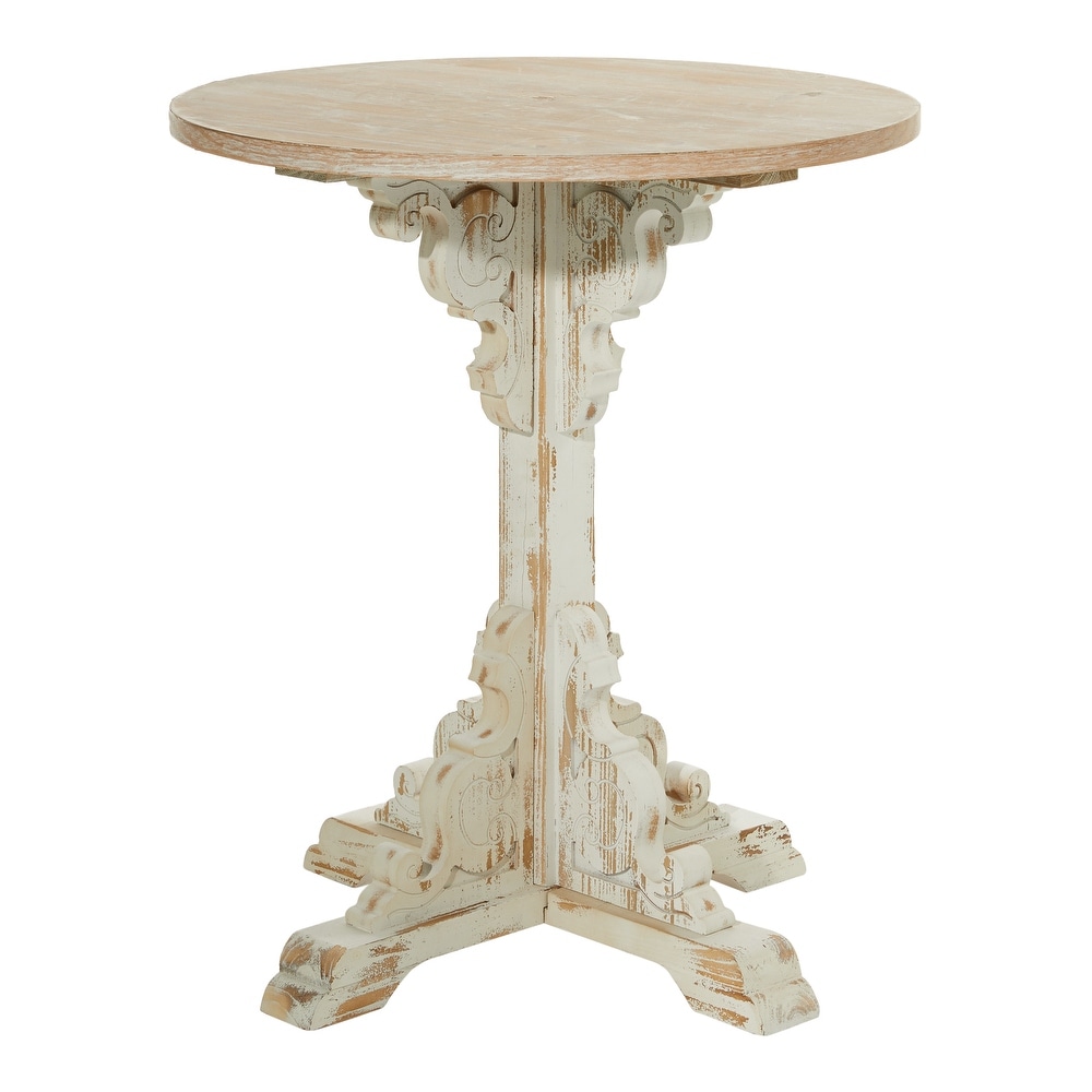 Wood Intricately Carved Scroll Accent Table with Brown Wood Top