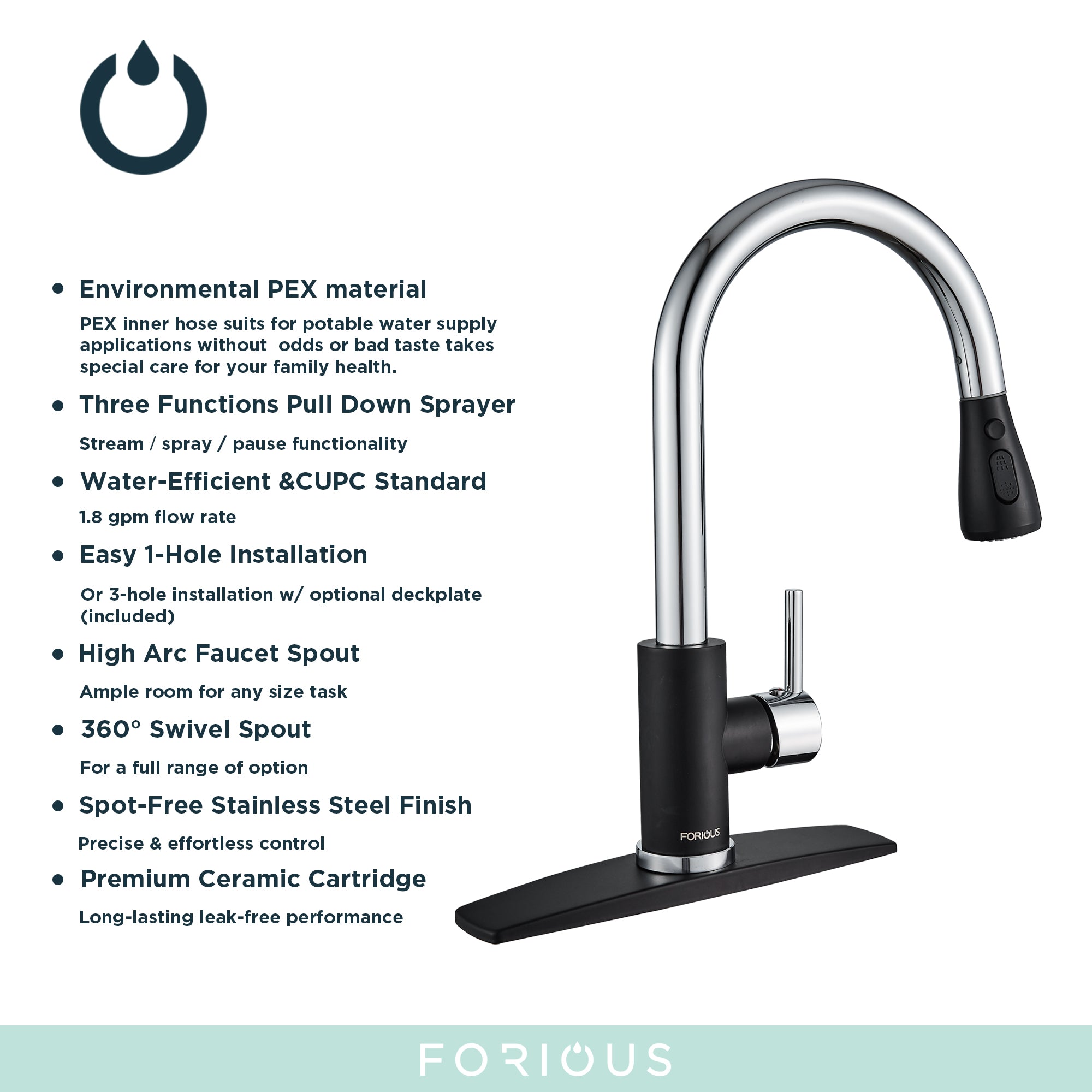 Forious Single Handle Pull Down Sprayer Kitchen Faucet Black Chrome in Kitchen