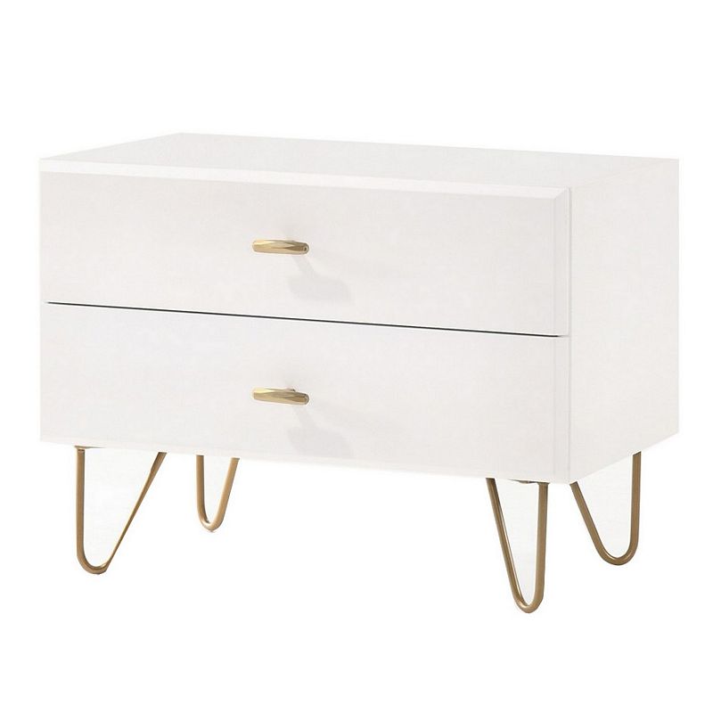 2 Drawer Wooden Nightstand with Metal Pulls and Hairpin Legs，White and Gold