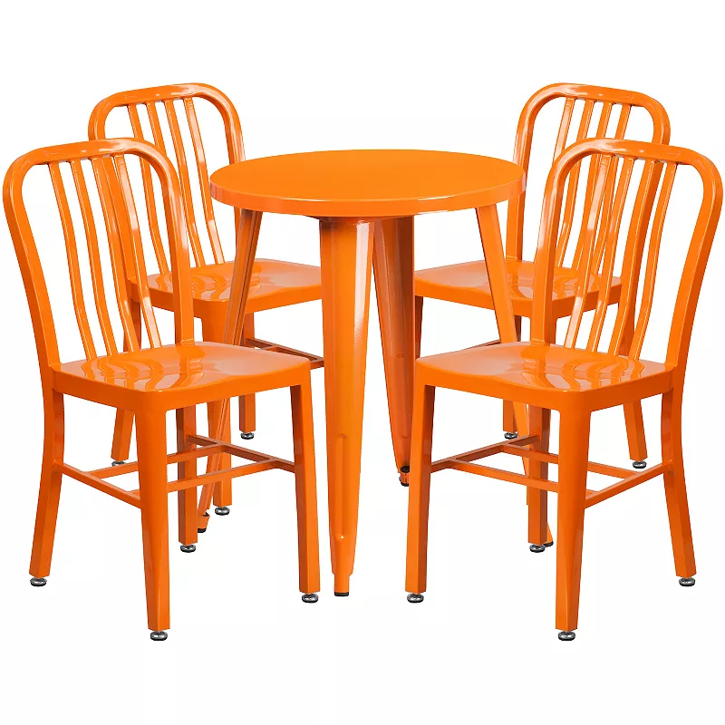 Emma and Oliver Commercial Grade 24 Round Red Metal Table Set-4 Vertical Slat Back Chairs