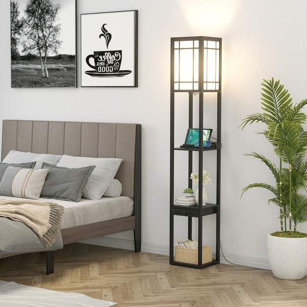 Tangkula Modern Shelf Floor Lamp With Shelves And Drawer 1 Power Outlet And 2 Usb Ports Standing Floor Lamp Black