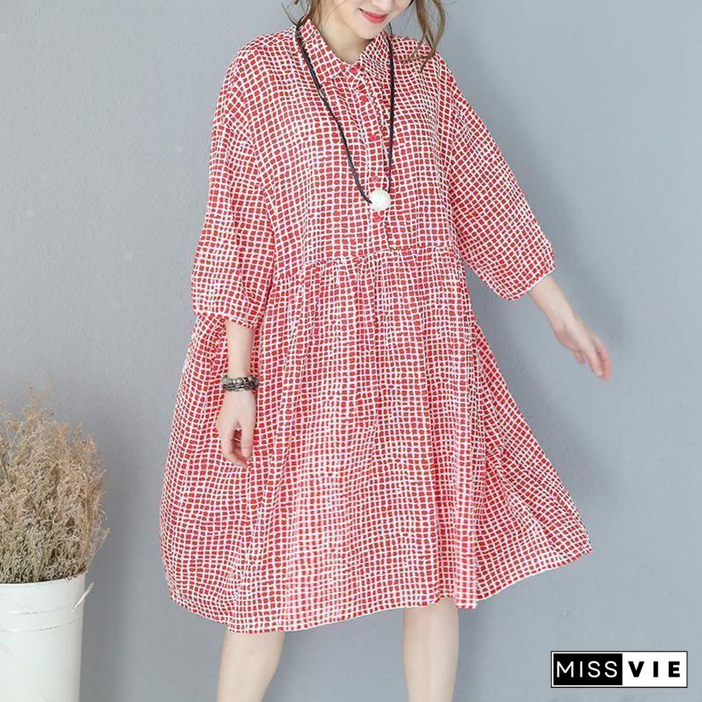 stylish red plaid cotton dresses plus size traveling clothing casual lapel collar bracelet sleeved cotton dress