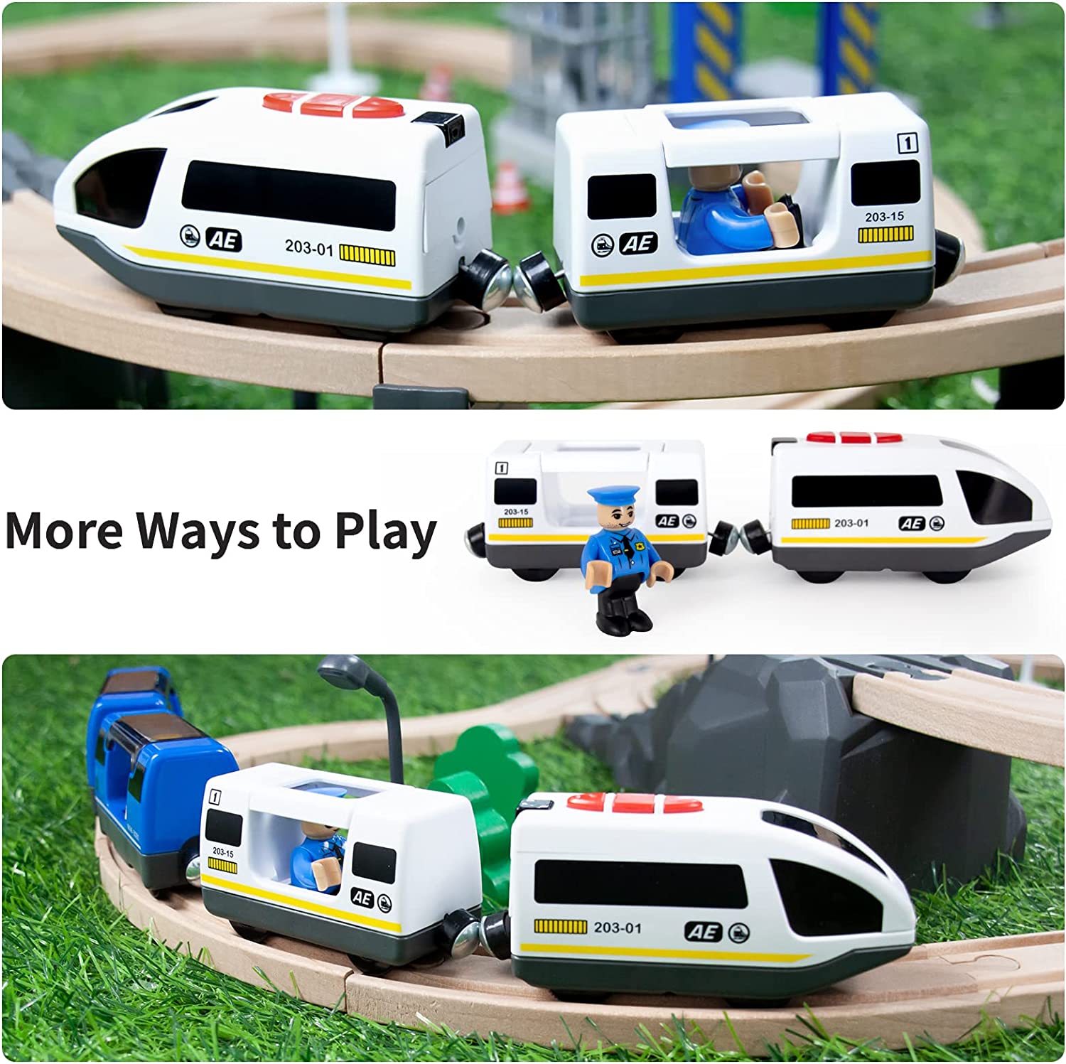 Wood City Battery Operated Train for Wooden Train Track， Electric Locomotive Train Set with Powerful Engine Compatible with Thomas， Brio， Chuggington， Bullet Train Toys for Toddlers 3 4 5 Year Olds