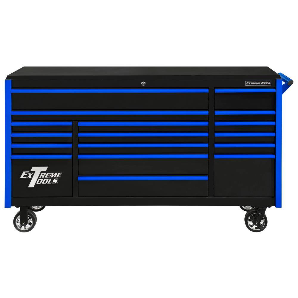 Extreme Tools DX Series 72 in. 17-Drawer Roller Cabinet Tool Chest with Mag Wheels in Black with Blue Drawer Pulls DX722117RCBKBL