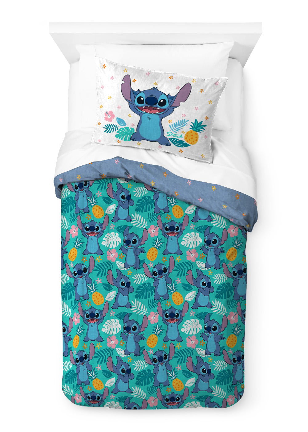 Lilo and Stitch Hawaiian Denim Kids 2-Piece Twin/Full Reversible Comforter and Sham Bedding Set， Microfiber， Blue， Disney