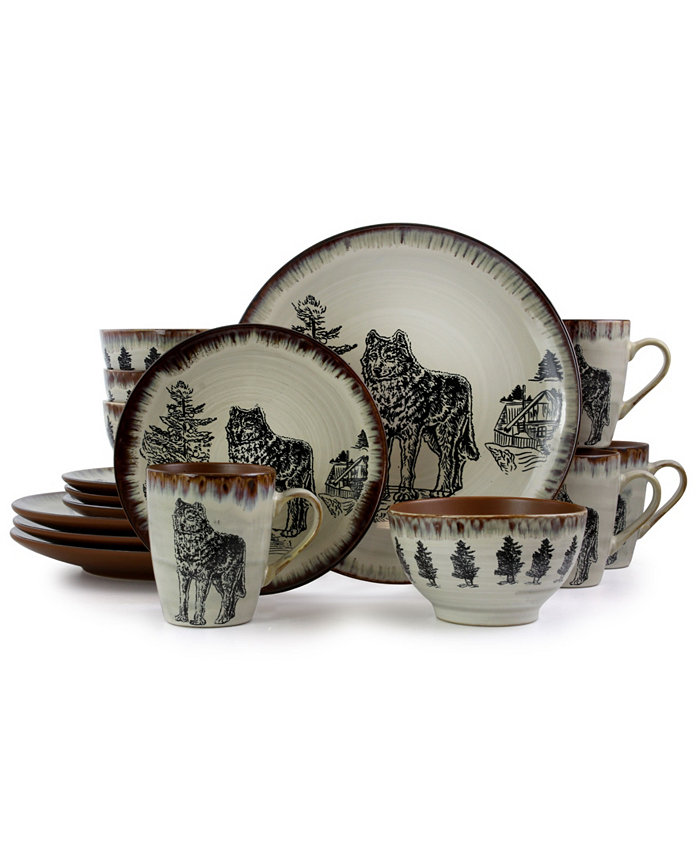 Elama Majestic Wolf 16 Piece Luxurious Stoneware Dinnerware Set