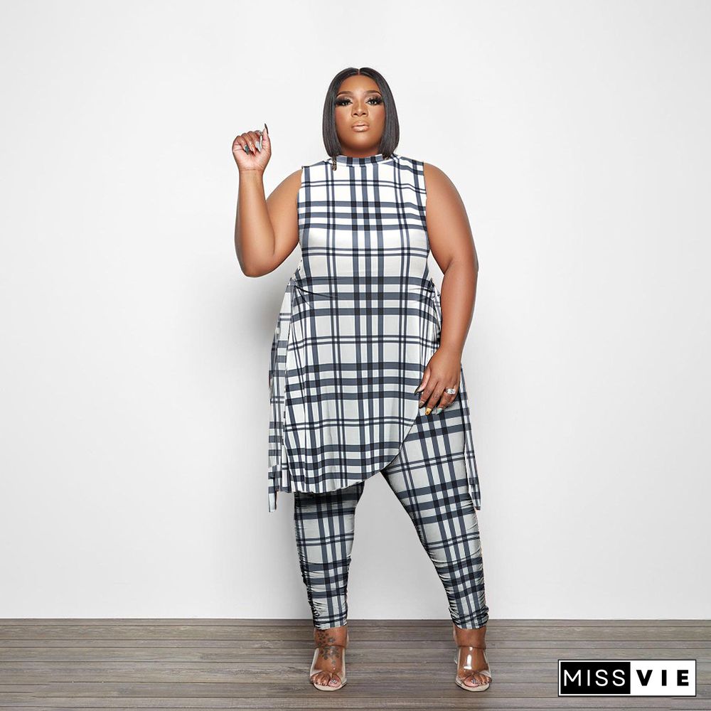 Plus Size Plaid Print Tank Tops Pencil Pants Sets