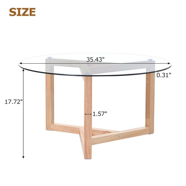 Round Glass Coffee Table with Tempered Glass Top and Sturdy Wood Base