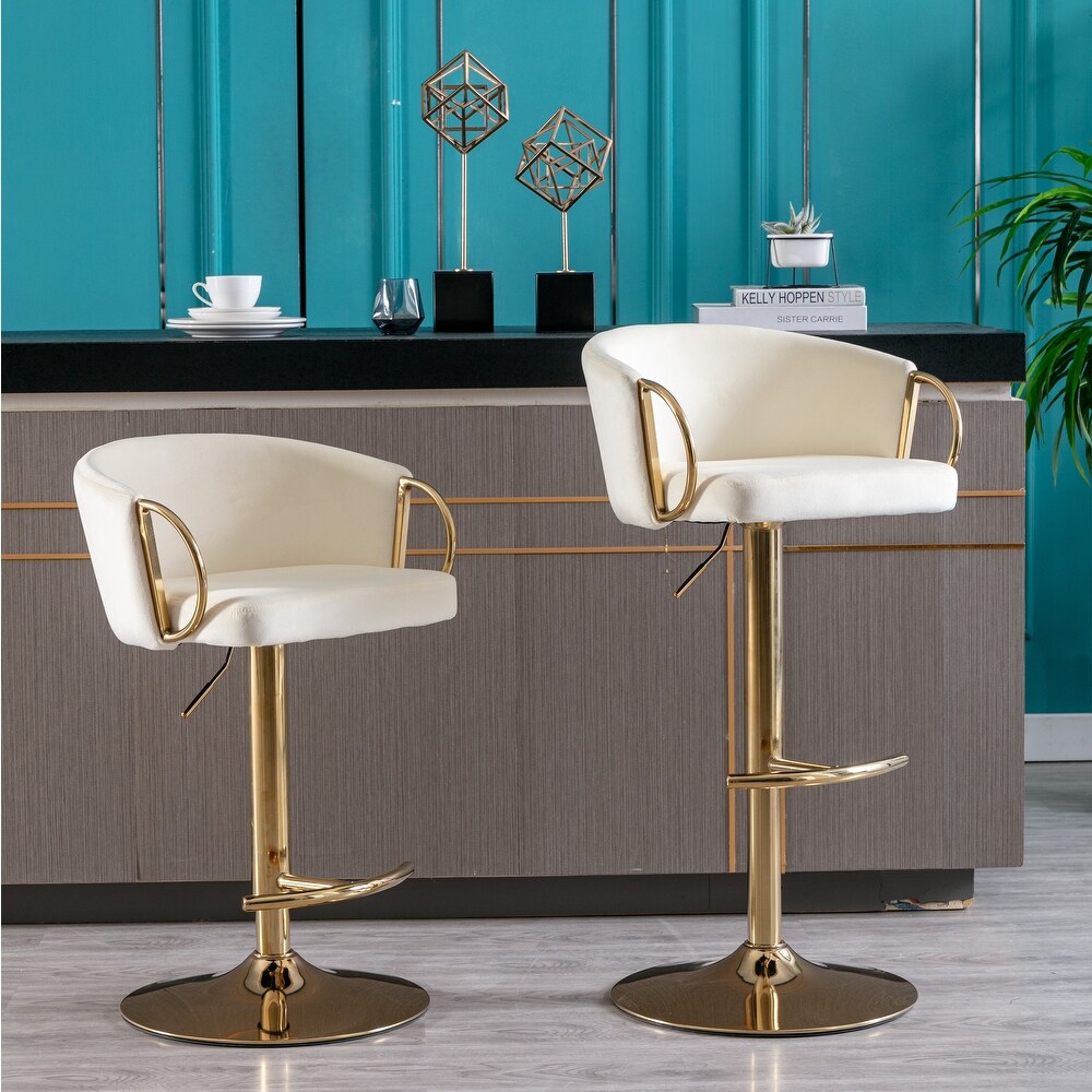 2 Velvet Bar Stools with Chrome Footrest and Base Swivel Height Adjustable   N/A