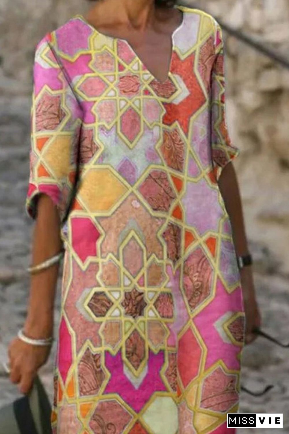 Geometric Print Color Block V-Neck Dress