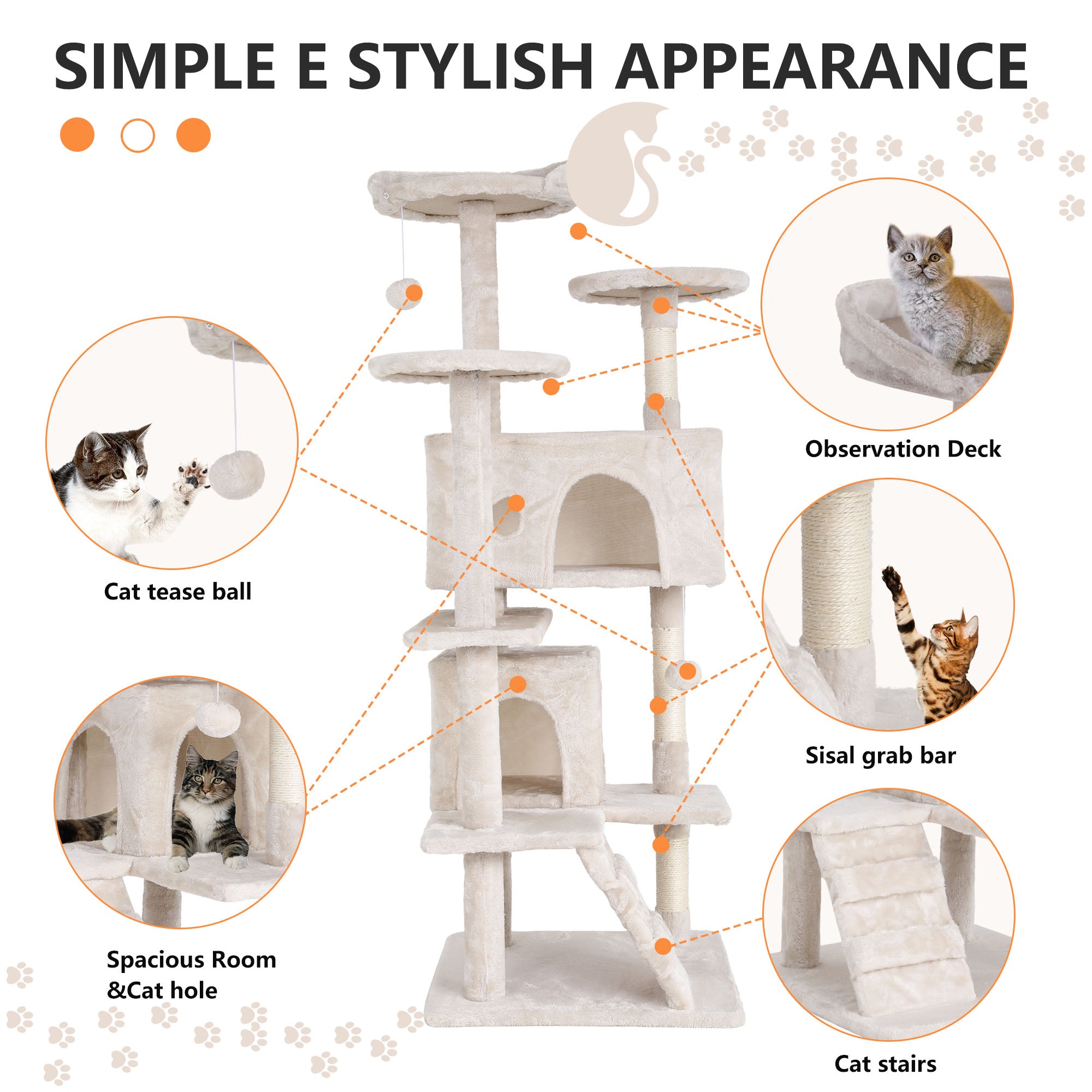 Dkelincs 54 inch Cat Trees and Towers for Indoor Cats， Cat Condo Scratching Post for Adult Cats， Multi-Level Cat Towers for Small Cats， Beige