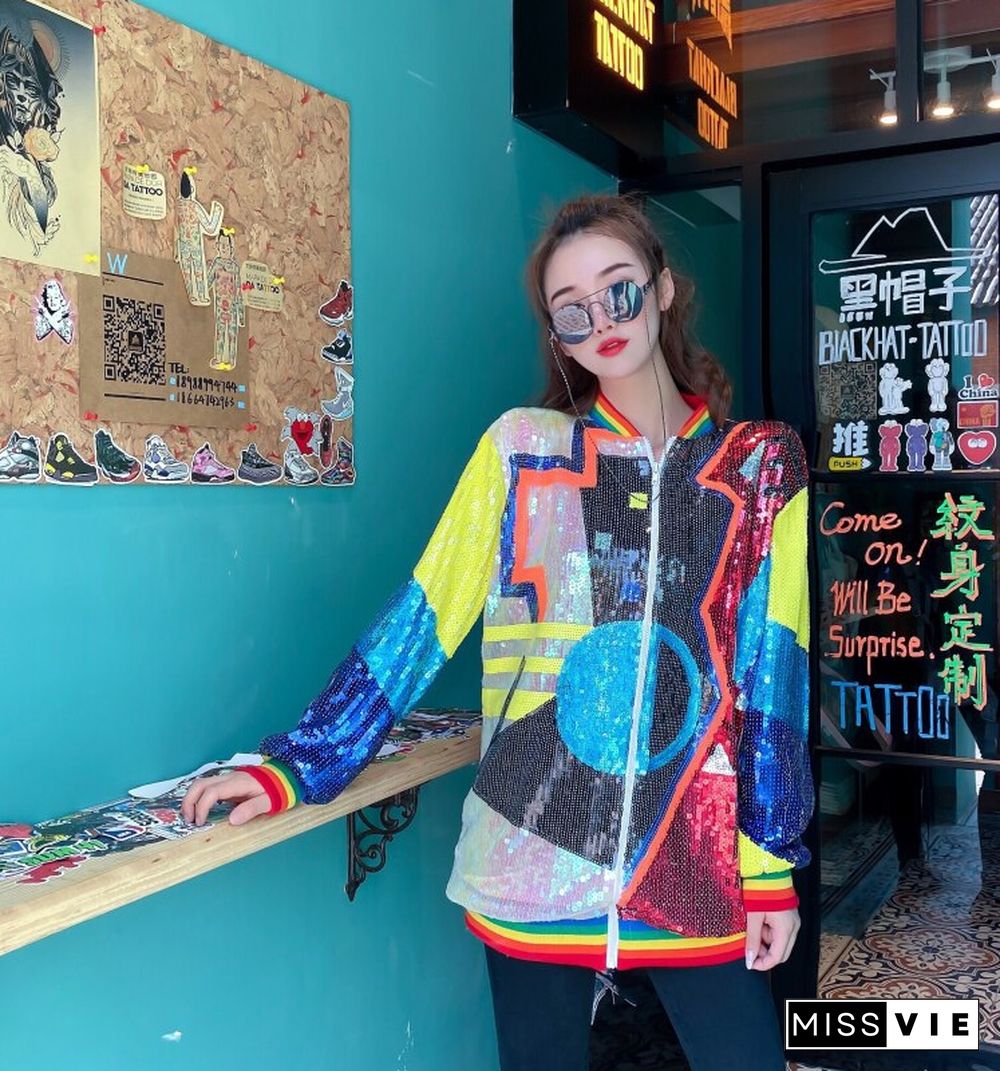 Sequined Cartoon Print Jacket New Female Spring And Autumn Korean Loose Fashion Outerwear Coats Long Sleeved Hip Hop Jackets