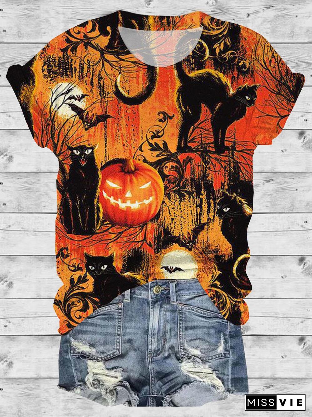 Halloween Funny Cat Pumpkin Print Round Neck Short Sleeve T-Shirt