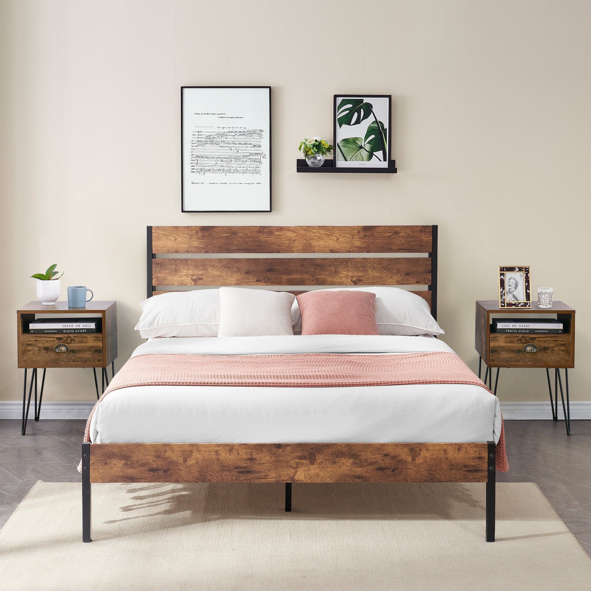 VECELO 3-piece Bedroom Set, Metal and Wood Platform Bed and Set of 2 Square Nightstand, Queen Size