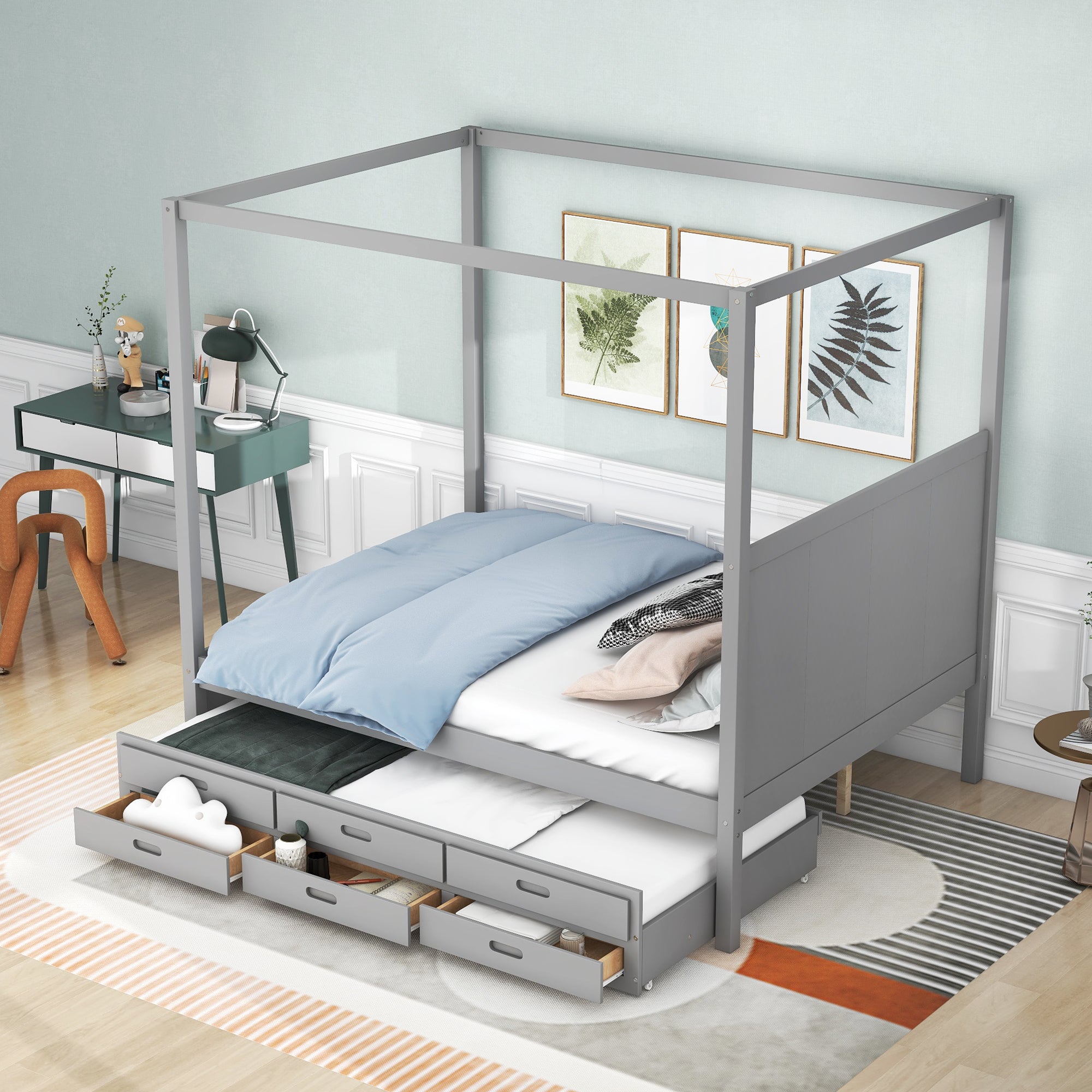 EUROCO Queen Size Canopy Platform Bed with Trundle and Drawers, Gray