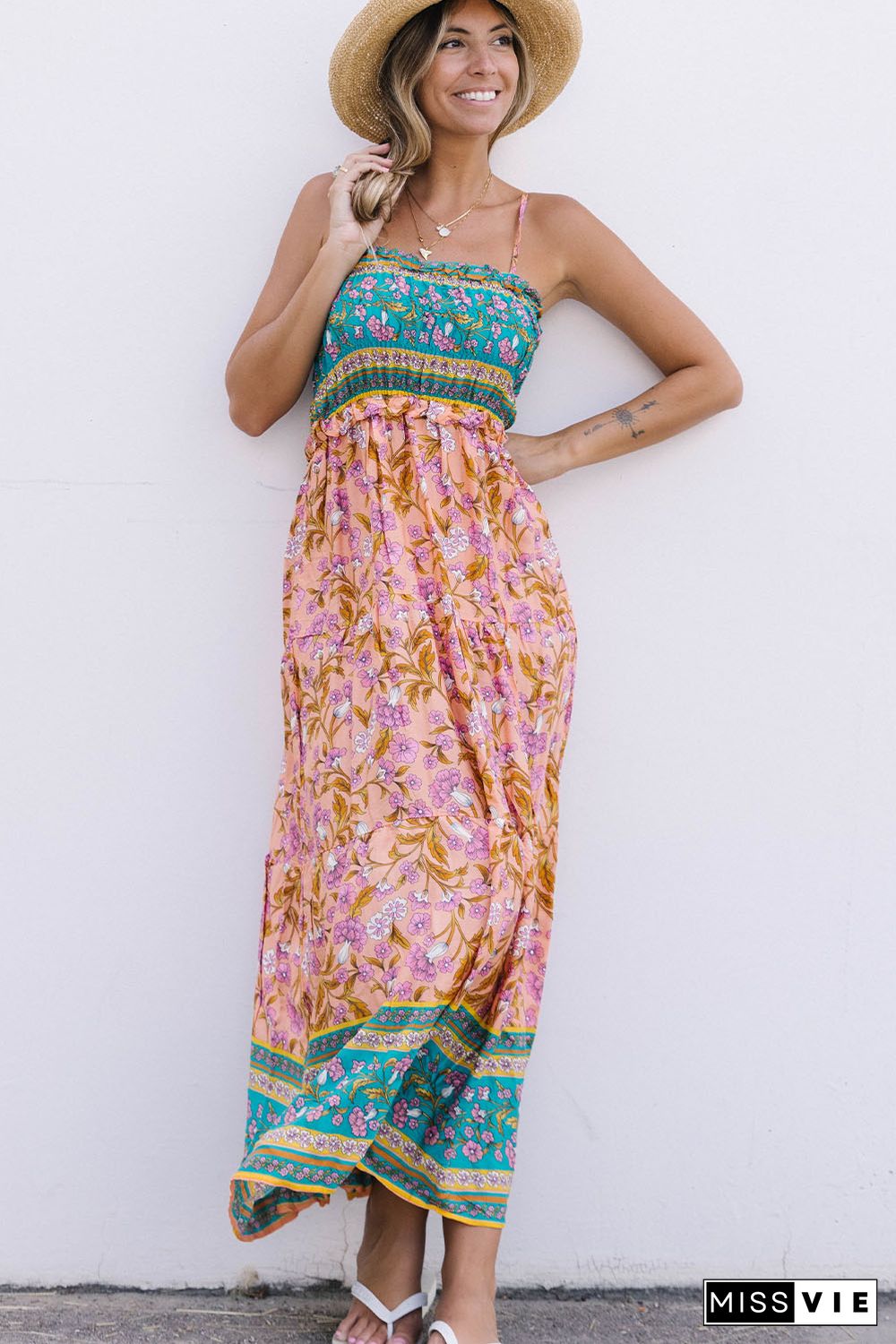 Floral Print Bodice Spaghetti Strap Maxi Dress